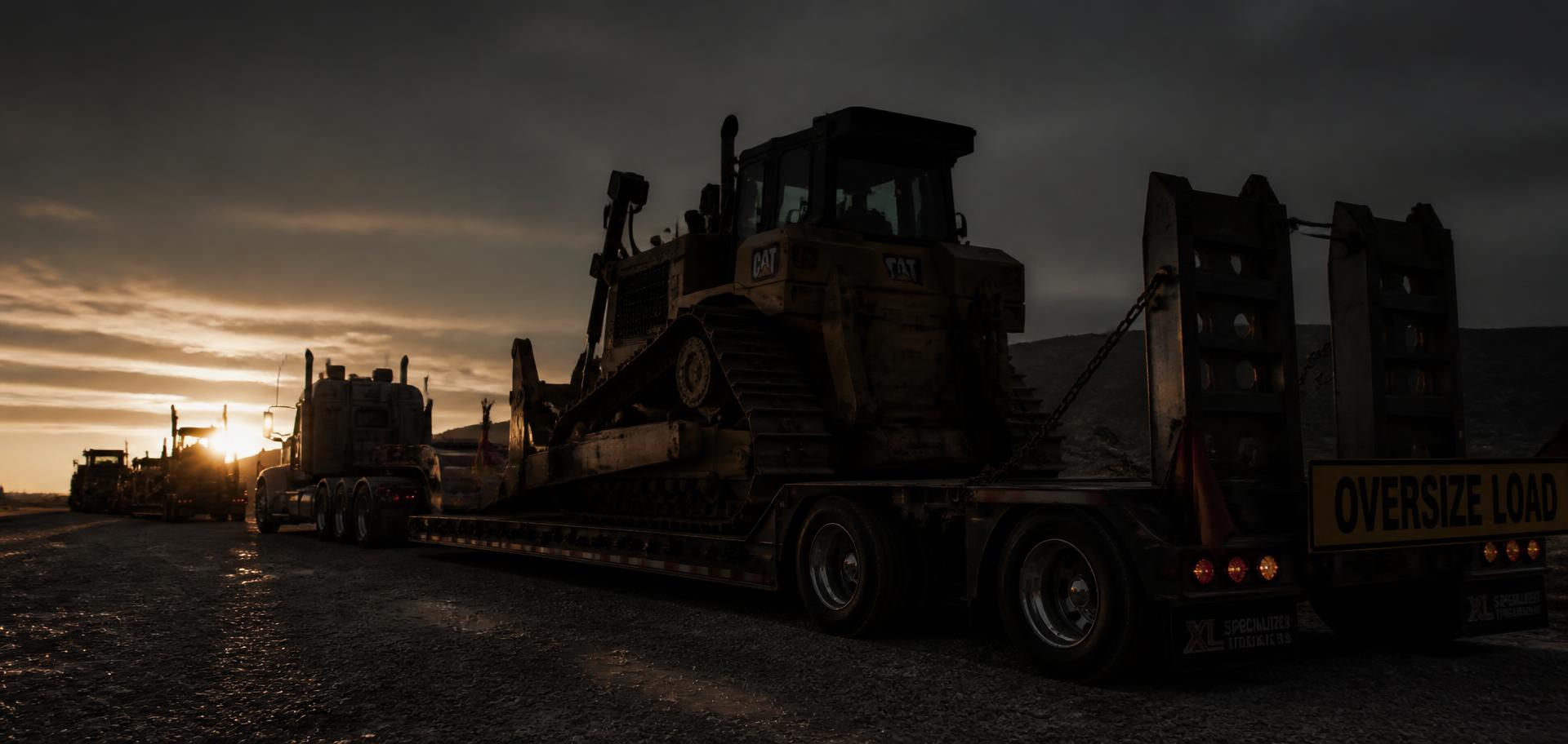 Bulldozer secured on a lowboy trailer at dusk